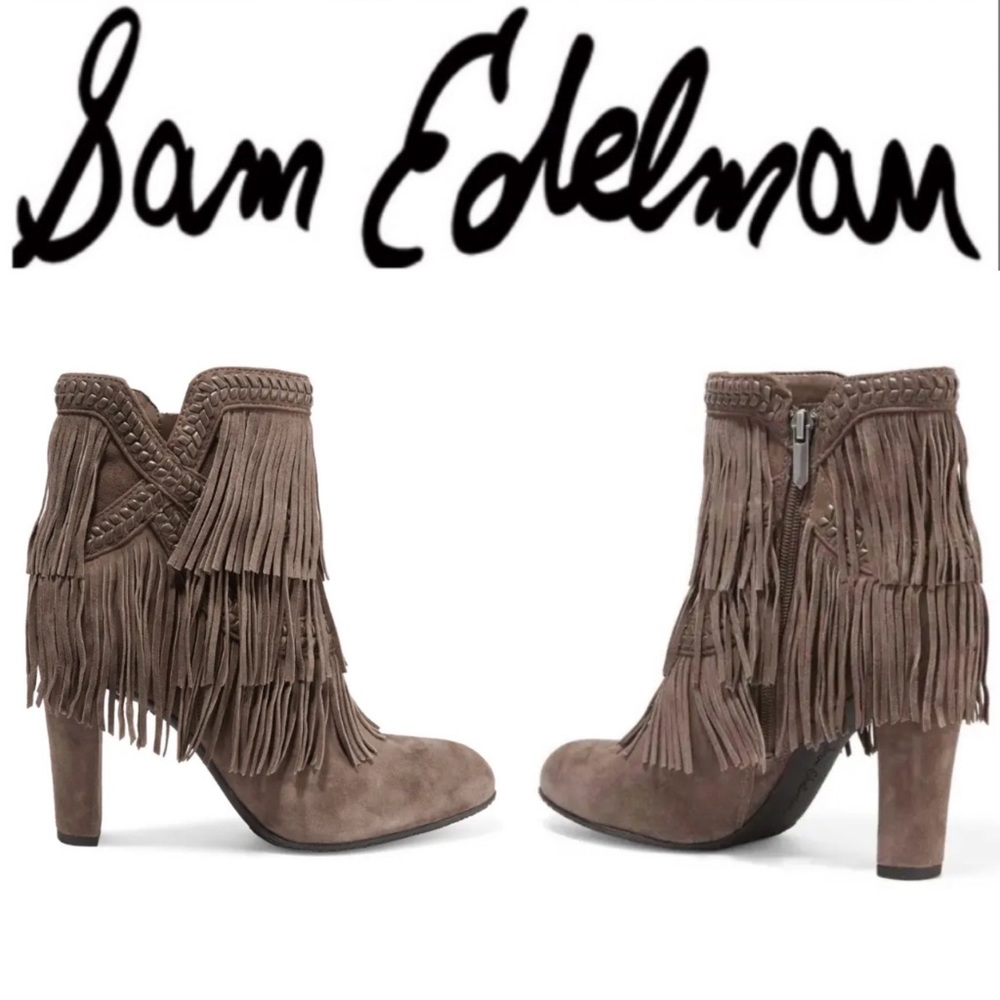 SAM EDELMAN “Kaleb” Taupe Fringe Suede Leather Ankle Booties Size 8.5 - Picture 5 of 16